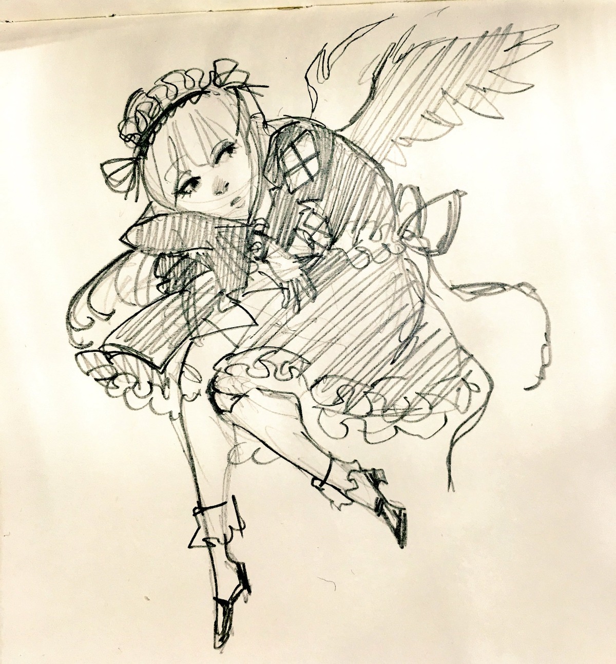 1girl dress feathered_wings frills full_body hairband image long_sleeves monochrome sketch solo suigintou wings