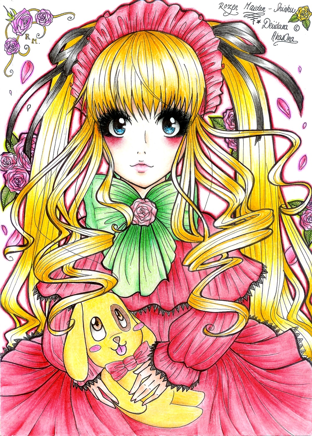 1girl artist_name blonde_hair blue_eyes blush dress drill_hair flower image long_hair long_sleeves looking_at_viewer marker_(medium) petals pink_flower pink_rose ribbon rose shinku solo traditional_media yellow_rose