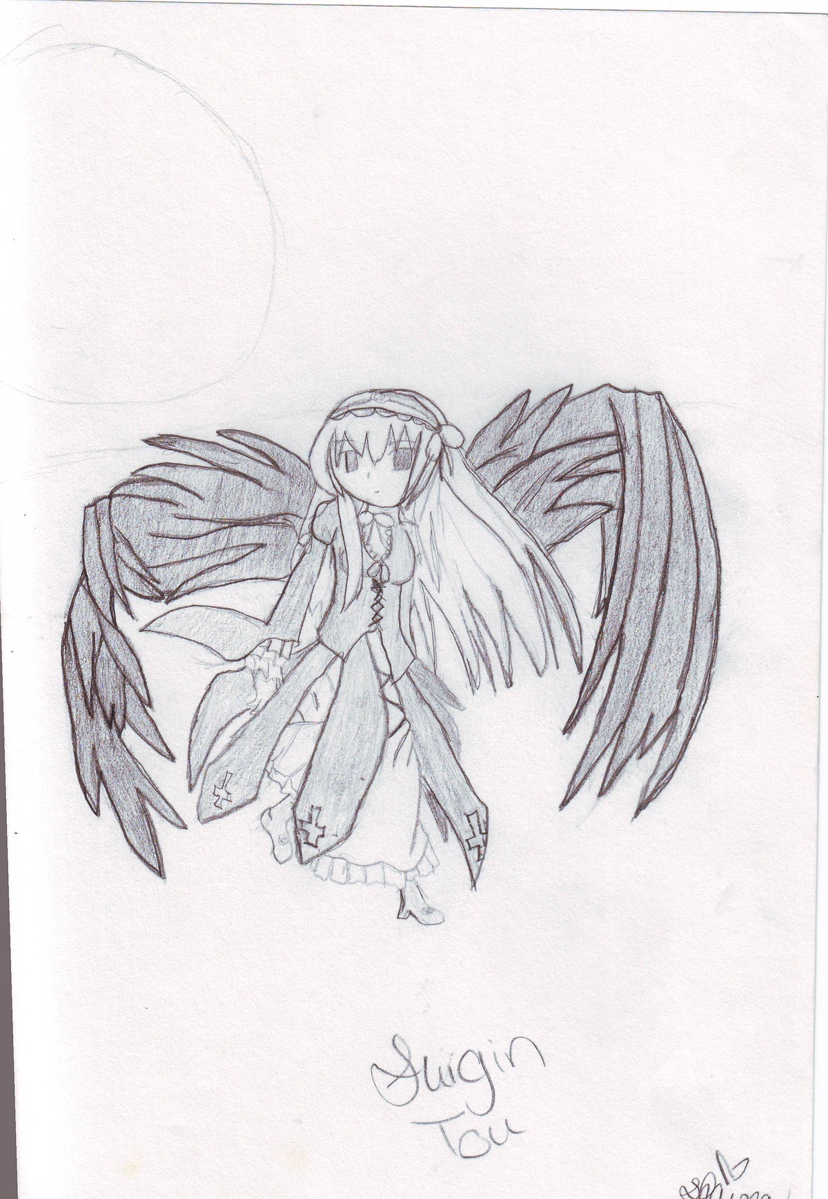 1girl bow dated feathered_wings greyscale image long_hair long_sleeves looking_at_viewer monochrome signature solo suigintou traditional_media wings