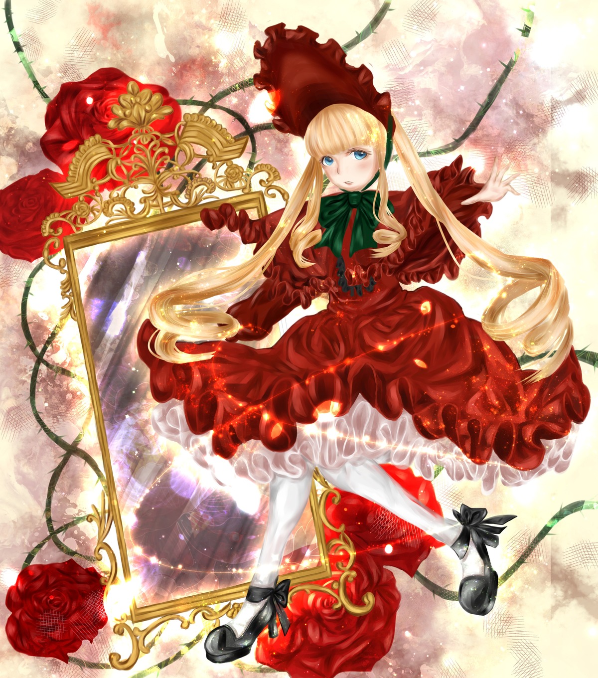 1girl blonde_hair blue_eyes bonnet bow capelet dress flower full_body green_bow image long_hair long_sleeves looking_at_viewer pantyhose red_dress red_flower red_rose rose shinku shoes solo twintails very_long_hair white_legwear