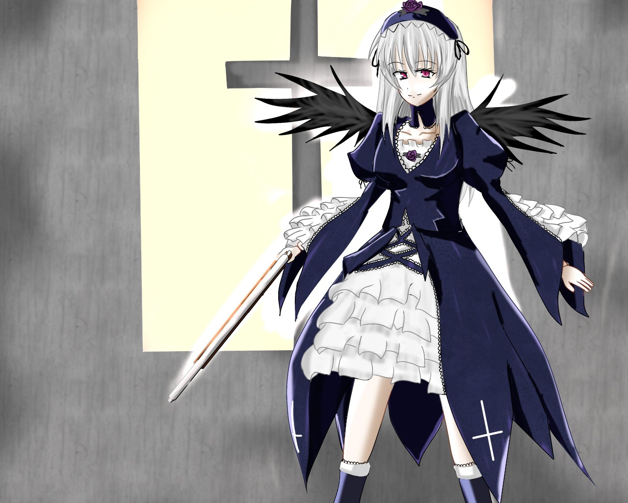 1girl black_wings boots dress frilled_sleeves frills hairband image long_hair long_sleeves looking_at_viewer ribbon rose silver_hair solo suigintou sword weapon wings