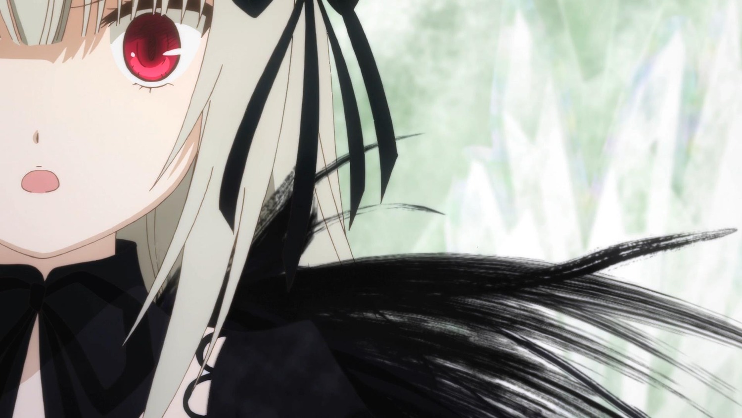 1girl bangs black_ribbon dress eyebrows_visible_through_hair face hair_ribbon image long_hair looking_at_viewer open_mouth red_eyes ribbon silver_hair solo suigintou