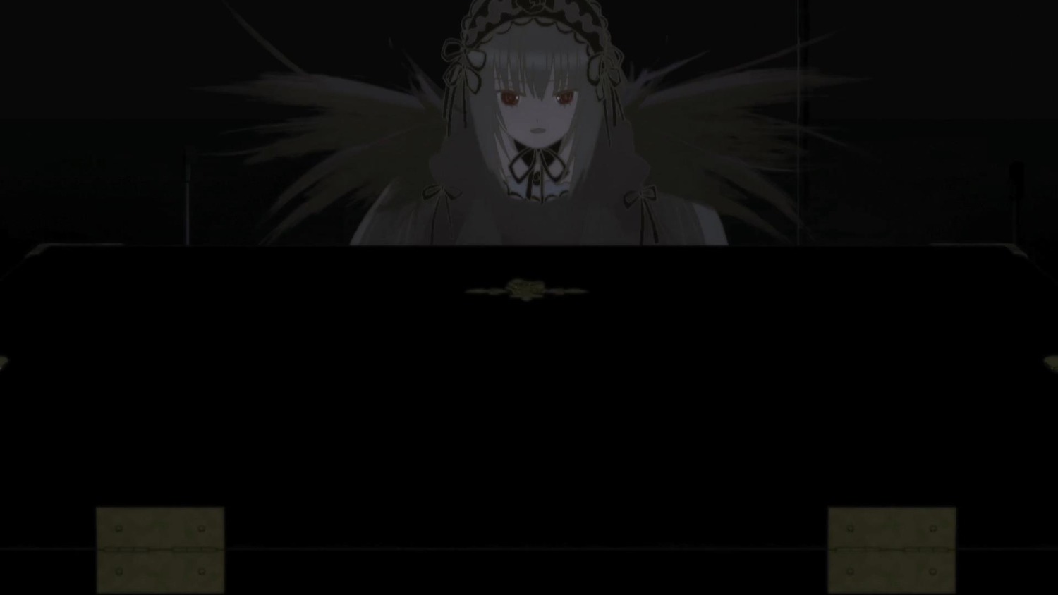 1girl bangs black_background black_ribbon black_wings dress eyebrows_visible_through_hair feathered_wings feathers flower hairband image long_hair looking_at_viewer parted_lips red_eyes ribbon rose solo suigintou very_long_hair white_wings wings