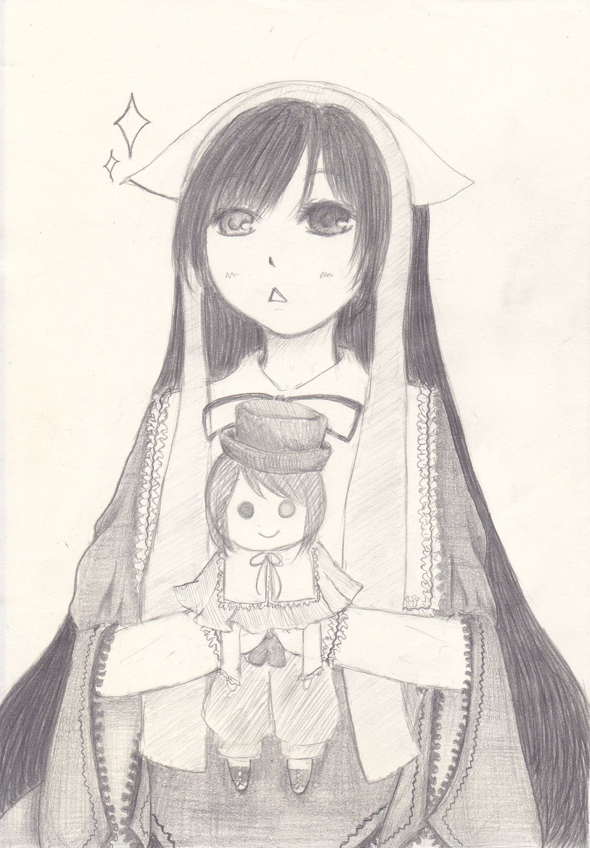 1girl animal_ears hat image long_hair mole monochrome pair solo souseiseki sparkle suiseiseki traditional_media