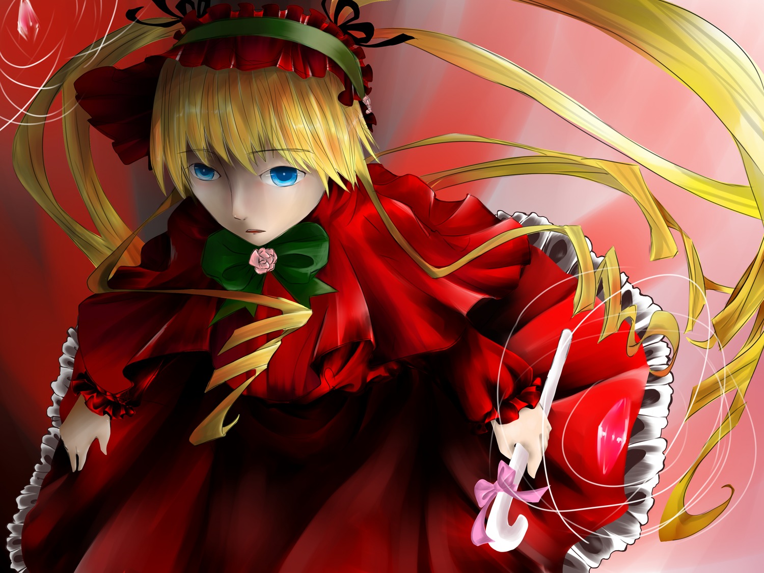 1girl blonde_hair blue_eyes bow bowtie capelet dress flower frills green_bow holding holding_weapon image long_hair long_sleeves looking_at_viewer red_dress rose shinku solo twintails