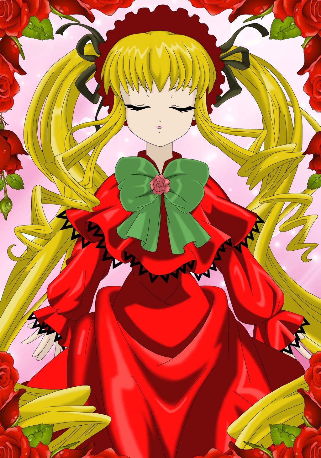 1girl blonde_hair bow camellia capelet closed_eyes dress drill_hair flower hair_ribbon image long_hair long_sleeves orange_flower pink_background pink_rose purple_rose red_capelet red_flower red_rose rose rose_petals shinku solo thorns twintails yellow_rose