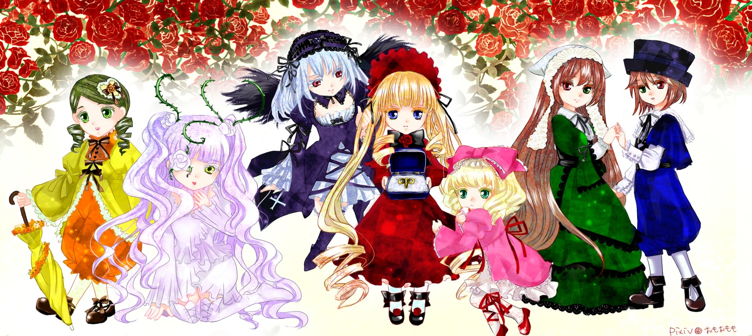 6+girls blonde_hair blue_dress blue_eyes bow brown_hair dress drill_hair flower frills green_dress green_eyes hairband hat heterochromia hina_ichigo image kanaria long_hair long_sleeves multiple multiple_girls pink_bow red_dress red_eyes rose shinku short_hair siblings silver_hair sisters smile souseiseki suigintou suiseiseki tagme very_long_hair wings