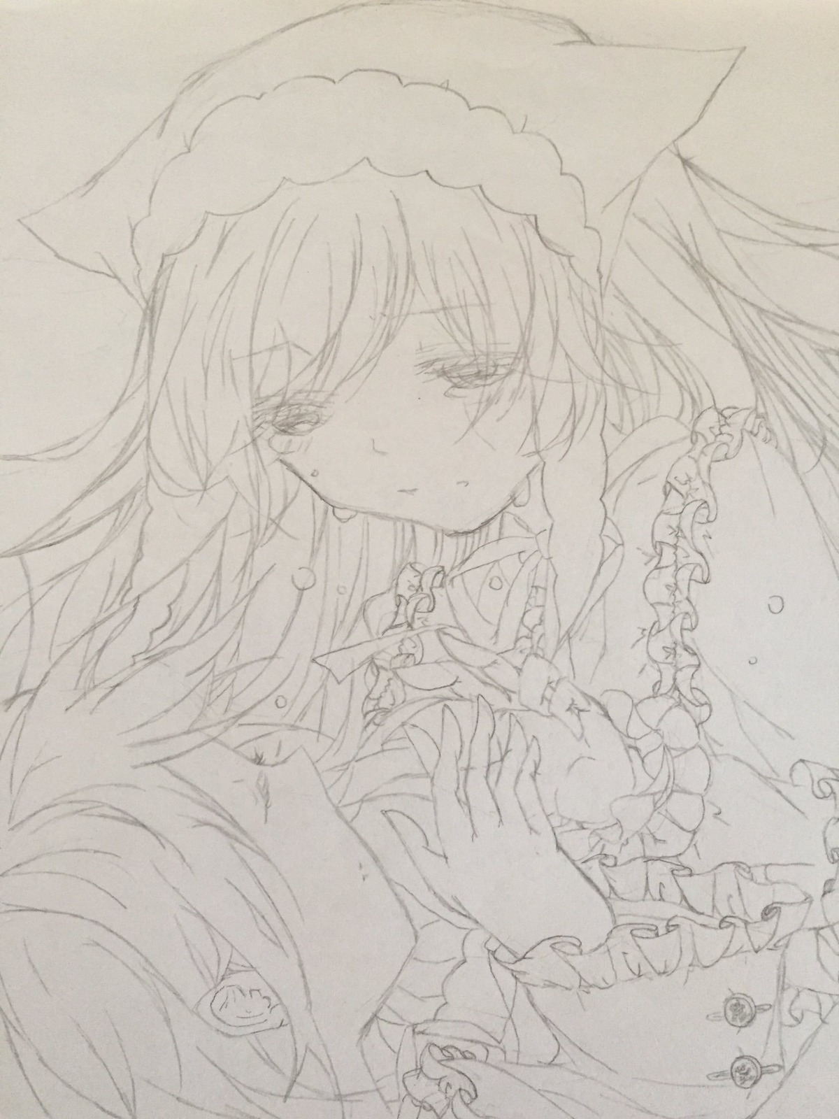 1girl blush frills graphite_(medium) greyscale image long_hair long_sleeves monochrome solo suiseiseki tears traditional_media upper_body