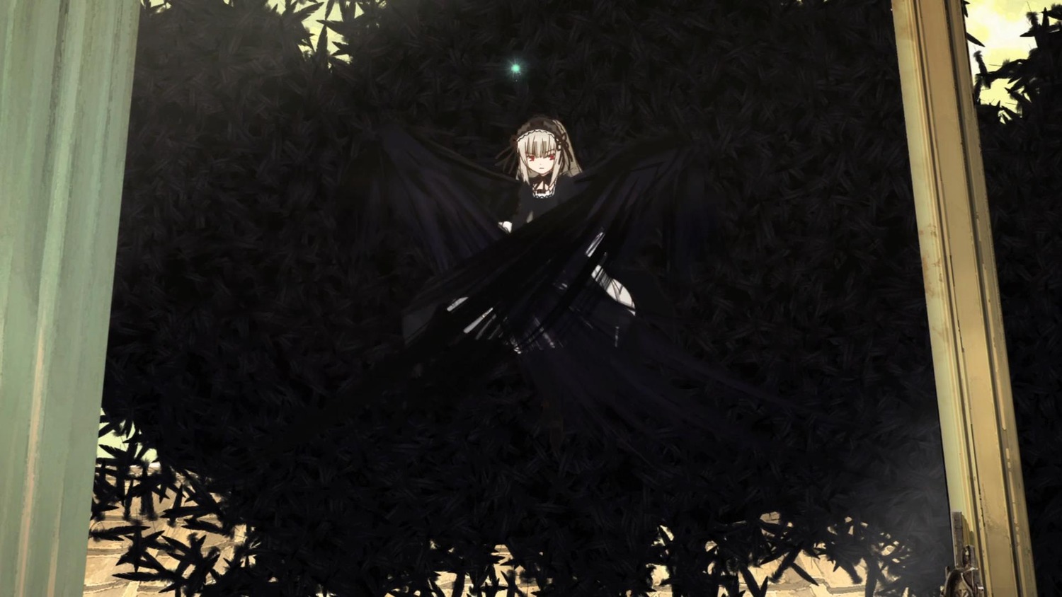 1girl bangs closed_eyes closed_mouth curtains dress eyebrows_visible_through_hair flower forest hair_between_eyes image long_hair long_sleeves nature solo standing suigintou tree very_long_hair window