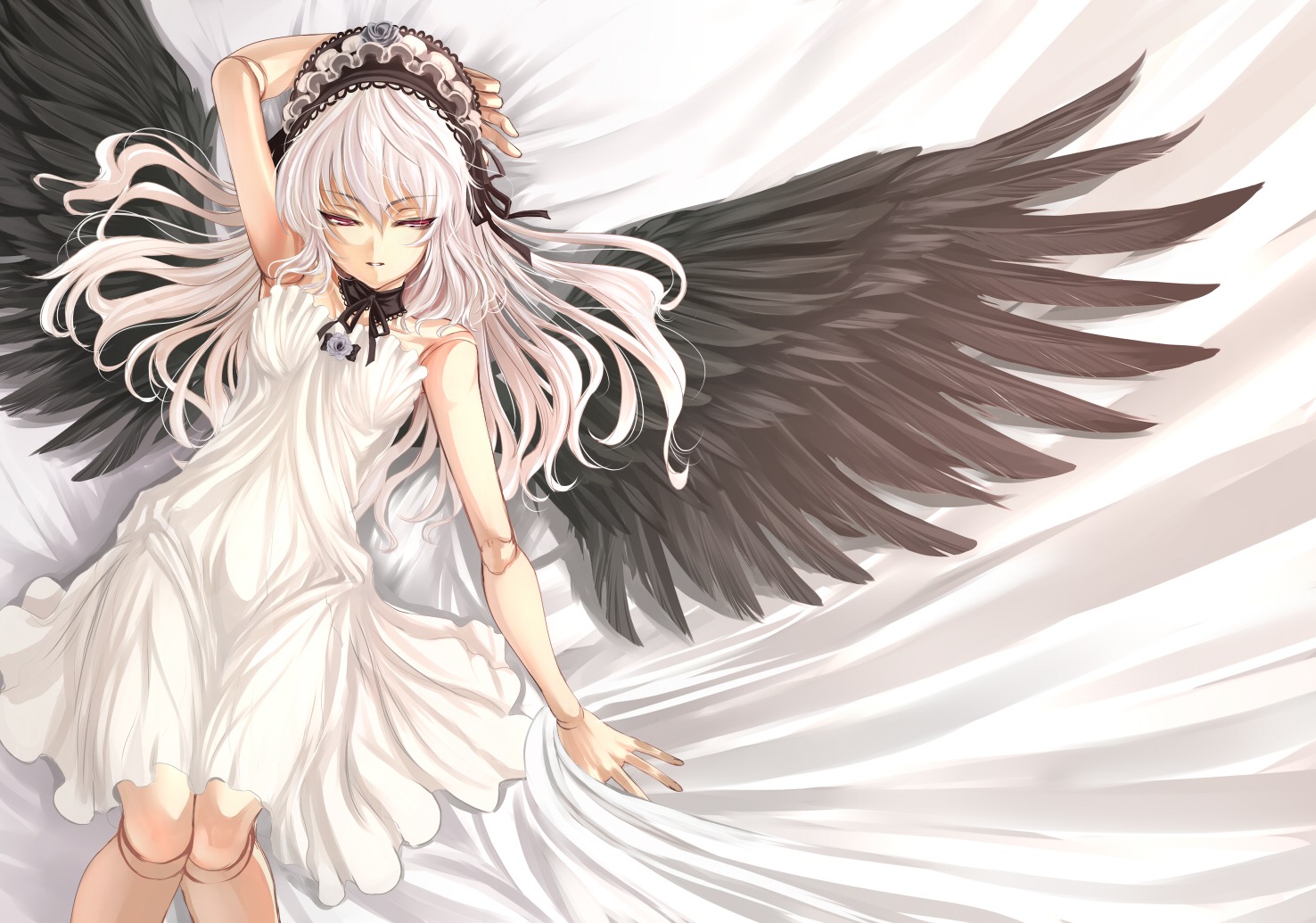 1girl angel_wings black_wings commentary_request doll_joints dress feathered_wings feathers frills hairband headdress image joints long_hair lying on_back red_eyes rozen_maiden shiokonbu silver_hair solo suigintou very_long_hair wings