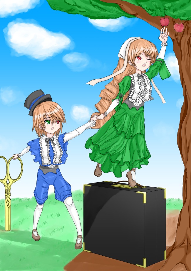 1boy cloud day dress frills green_dress green_eyes hat head_scarf heterochromia holding_hands image long_hair one_eye_closed open_mouth outdoors pair red_eyes short_hair siblings sisters sky souseiseki suiseiseki top_hat tree twins white_legwear