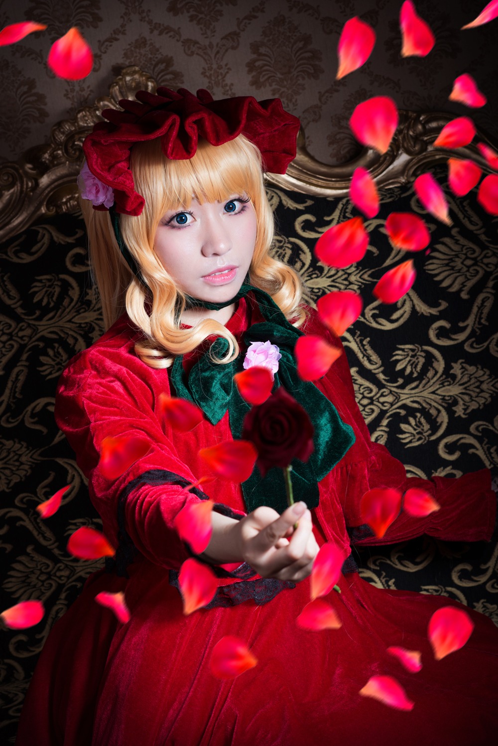 1girl blonde_hair blue_eyes dress flower lips looking_at_viewer petals red_dress red_flower red_rose rose rose_petals shinku solo