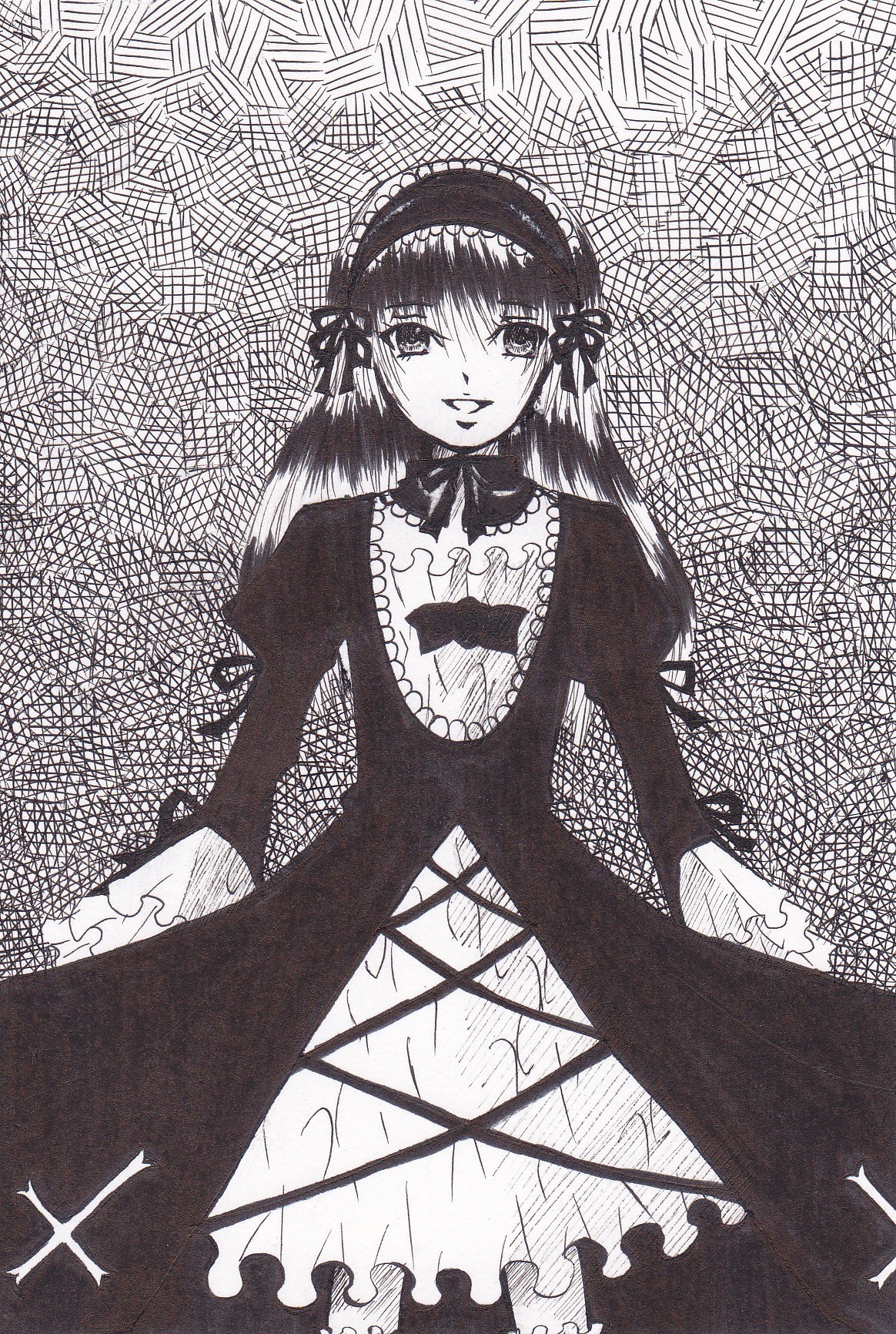 1girl bow chain-link_fence dress fence frills greyscale hairband image long_hair long_sleeves looking_at_viewer monochrome smile solo suigintou