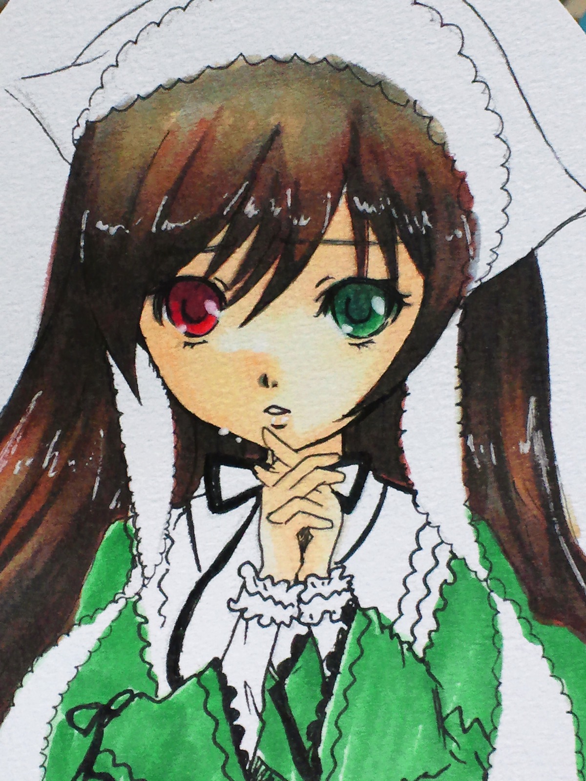 1girl auto_tagged bangs brown_hair dress frills green_dress green_eyes hat head_scarf heterochromia image long_hair long_sleeves looking_at_viewer red_eyes simple_background solo suiseiseki