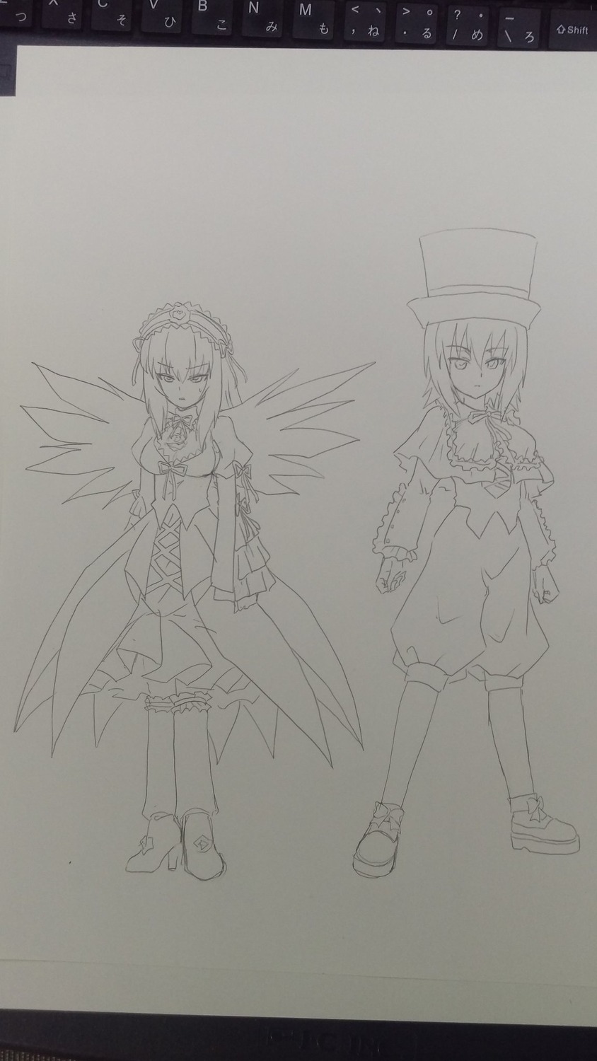 2girls boots dress greyscale hat image kneehighs long_sleeves looking_at_viewer monochrome multiple_girls pair shoes short_hair siblings sisters sketch souseiseki standing suigintou twins wings