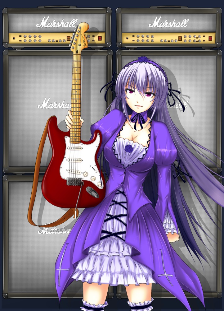 1girl amplifier_(instrument) bass_guitar breasts cleavage dress electric_guitar frills garters guitar hairband image instrument large_breasts lolita_hairband long_hair playing_instrument plectrum solo suigintou