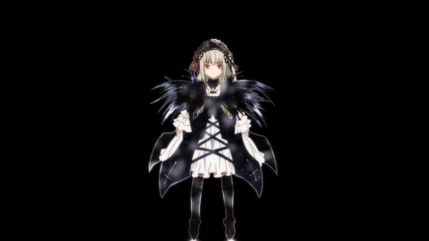 1girl black_dress black_footwear boots dress frills full_body hairband image lolita_fashion long_hair long_sleeves looking_at_viewer red_eyes silver_hair solo standing suigintou transparent_background