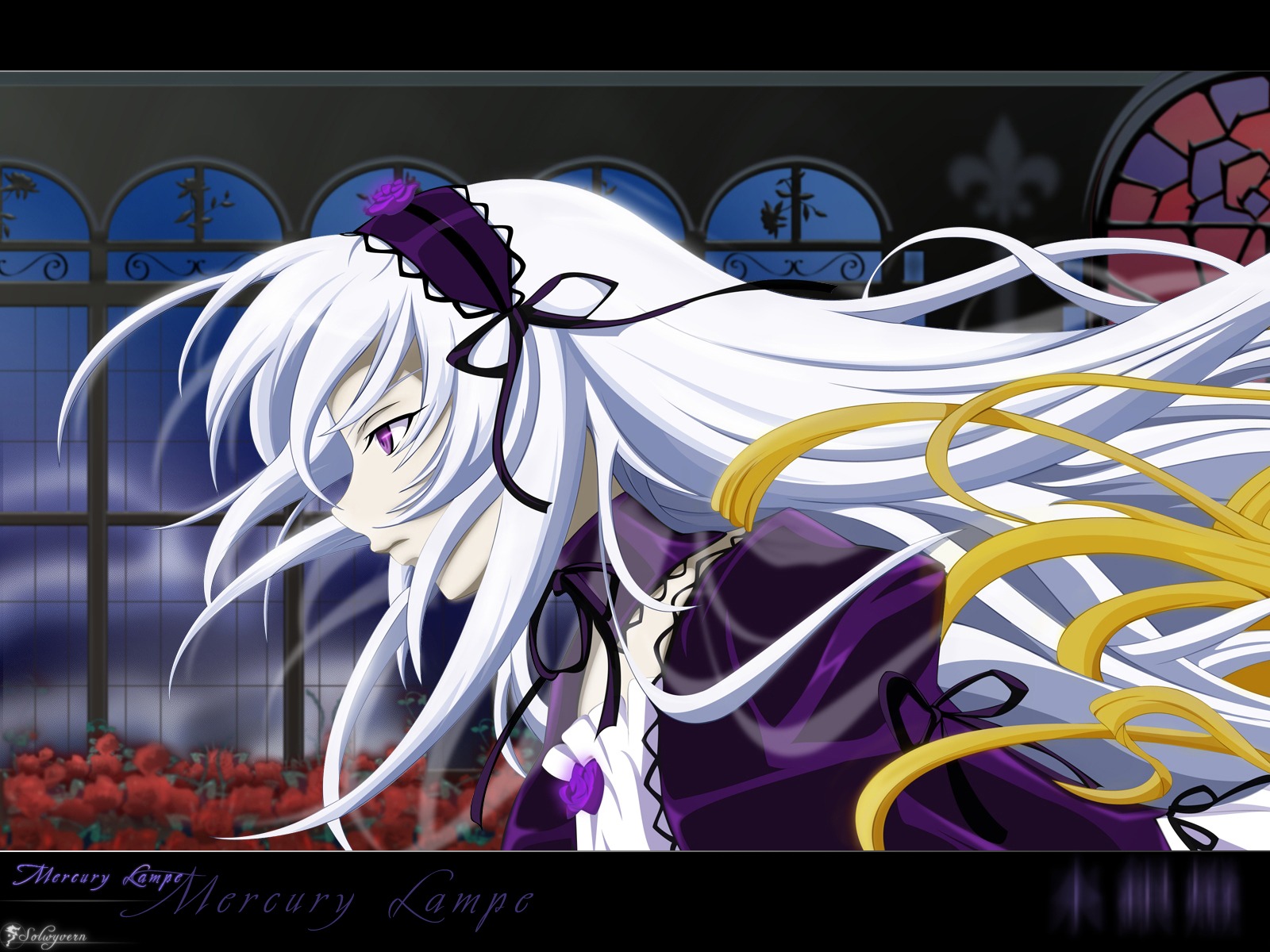 1girl auto_tagged black_ribbon dress flower frilled_sleeves frills hairband image letterboxed lolita_hairband long_hair long_sleeves profile puffy_sleeves purple_eyes ribbon rose silver_hair solo suigintou very_long_hair wings
