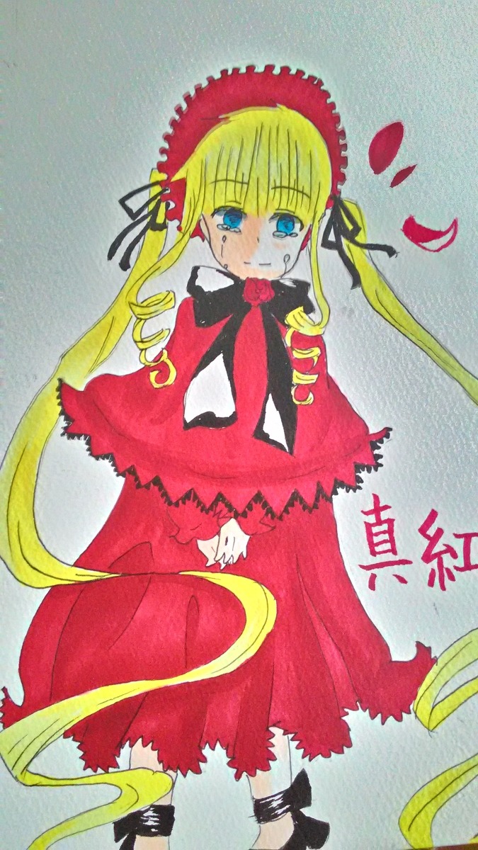 1girl blonde_hair blue_eyes blush bonnet bowtie capelet dress image long_hair long_sleeves looking_at_viewer red_capelet red_dress shinku solo standing tears twintails very_long_hair