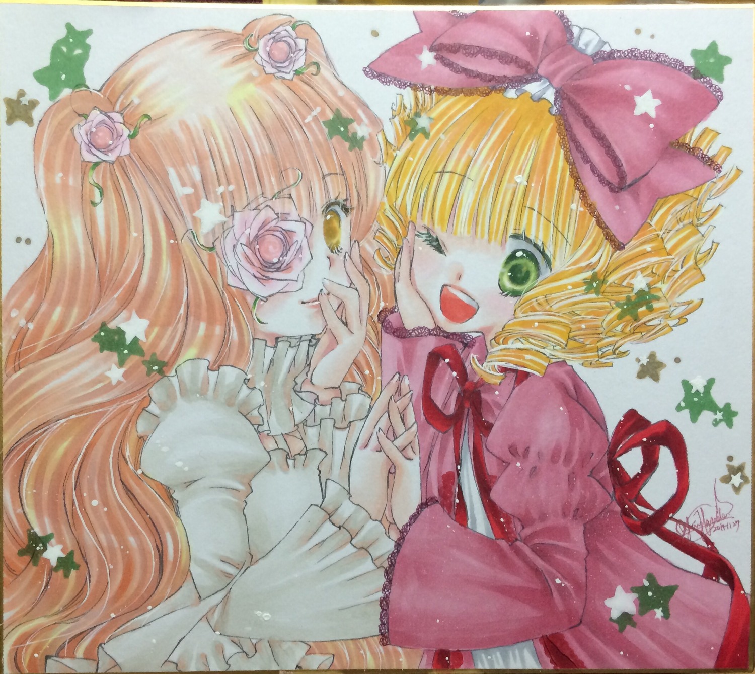 2girls blonde_hair bow cross dress flower frills hair_ornament hina_ichigo hinaichigo image kirakishou long_hair long_sleeves multiple_girls one_eye_closed open_mouth pair pink_bow rose shikishi smile star_(symbol) star_hair_ornament starfish starry_background traditional_media watercolor_(medium) yellow_eyes