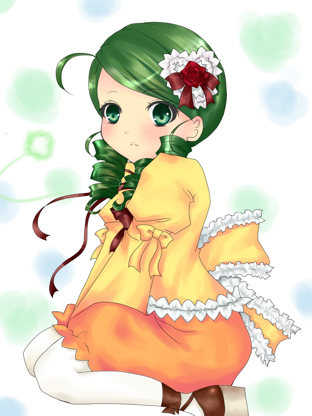 1girl ahoge blush dress drill_hair flower green_eyes green_hair hair_ornament image kanaria pantyhose rose solo striped twin_drills