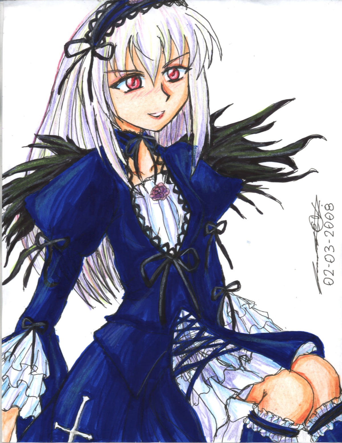 1girl artist_name cross-laced_clothes dated dress frilled_sleeves frills hairband image long_hair long_sleeves looking_at_viewer marker_(medium) pink_eyes puffy_sleeves signature smile solo suigintou traditional_media white_background wings