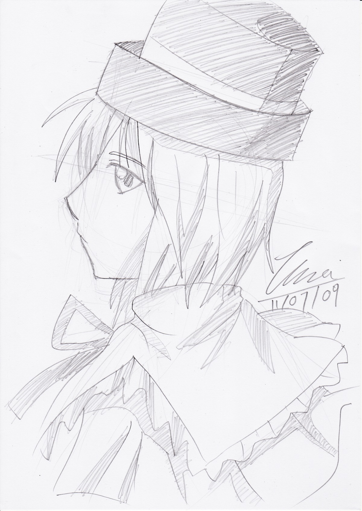 1girl greyscale hat image looking_at_viewer monochrome signature sketch solo souseiseki traditional_media