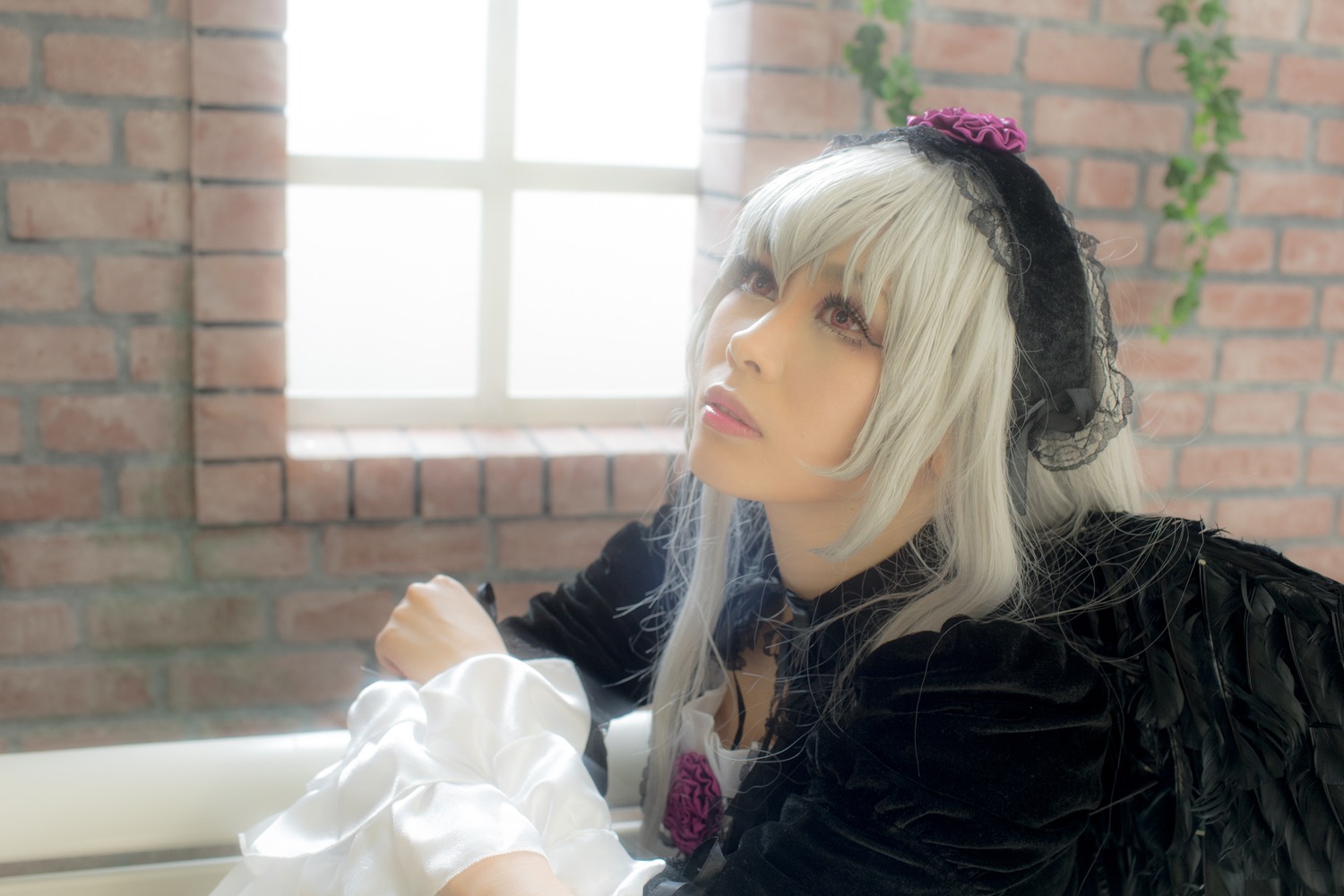 1girl brick_wall fence flower frills gothic_lolita lips lolita_fashion long_hair long_sleeves solo suigintou upper_body window