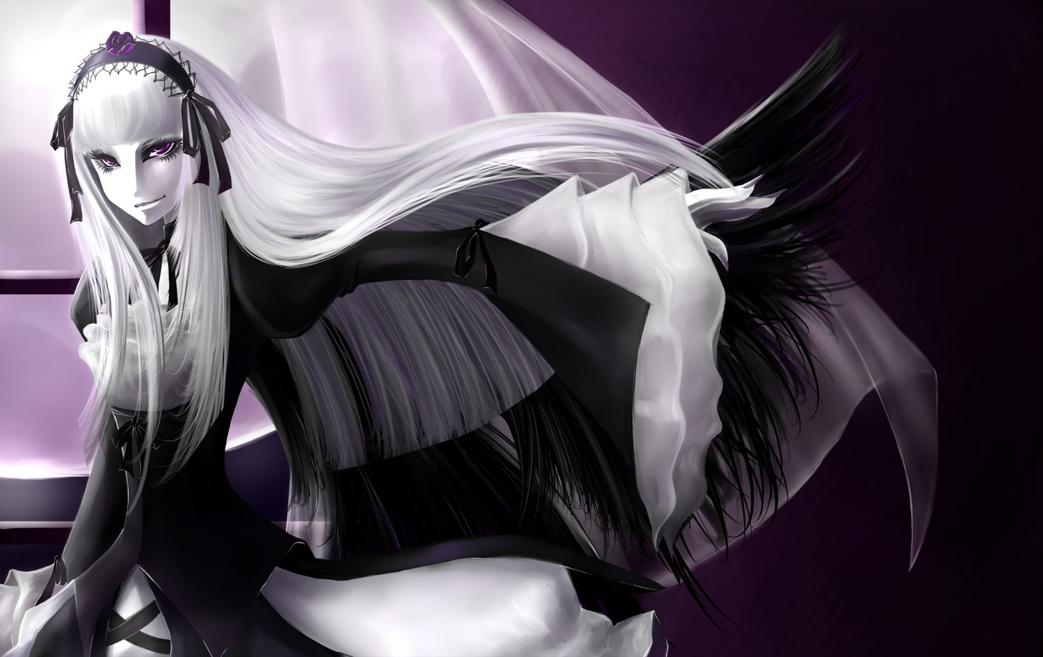 1girl black_dress black_wings dress frills hairband image lolita_hairband long_hair long_sleeves pink_eyes puffy_sleeves solo suigintou very_long_hair white_hair wings