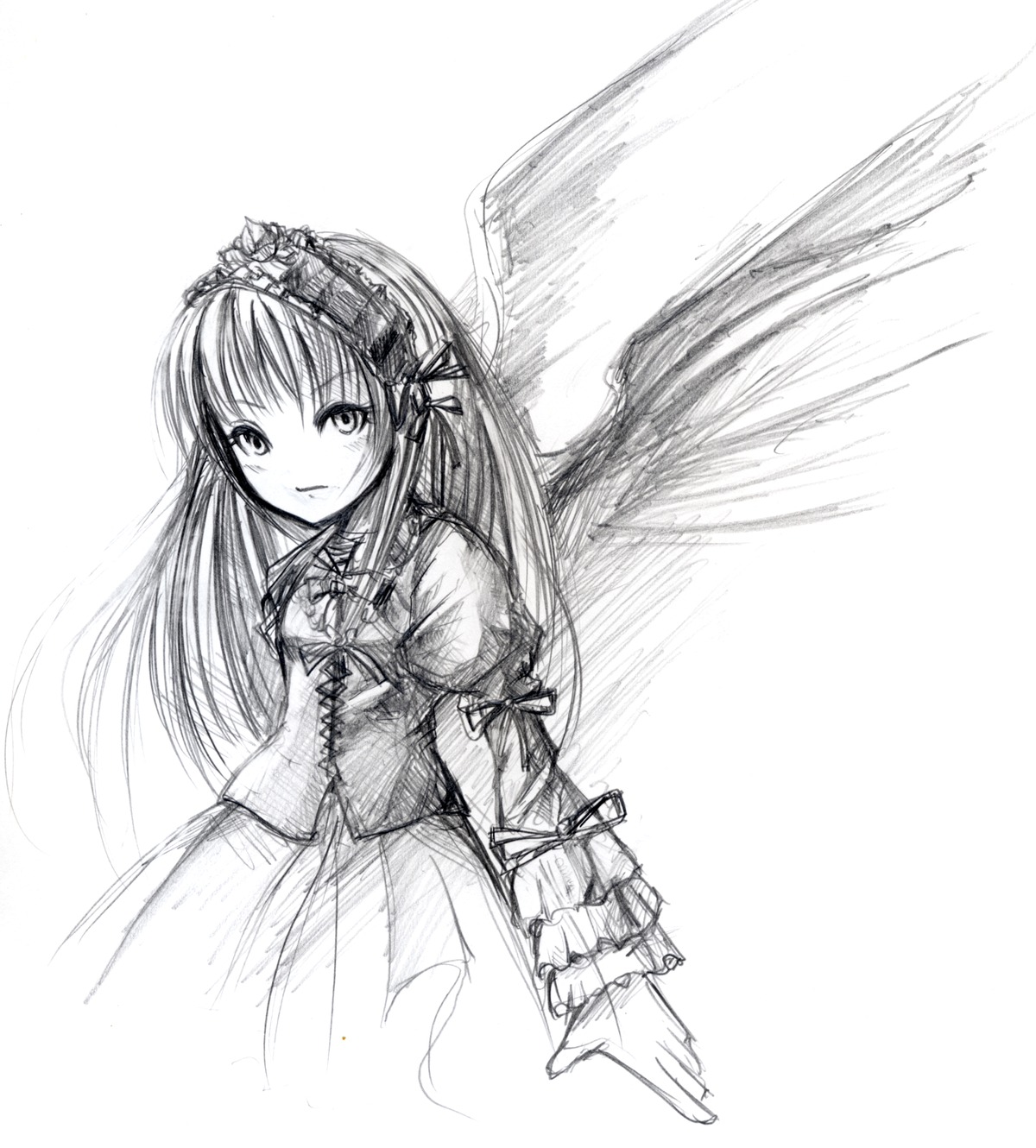 1girl angel_wings blush dress frills greyscale hairband image long_hair long_sleeves looking_at_viewer monochrome simple_background solo suigintou white_background wings