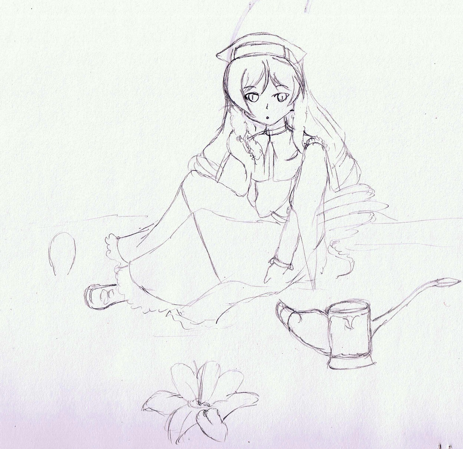 1girl blush flower image long_hair long_sleeves looking_at_viewer monochrome sitting solo suiseiseki traditional_media