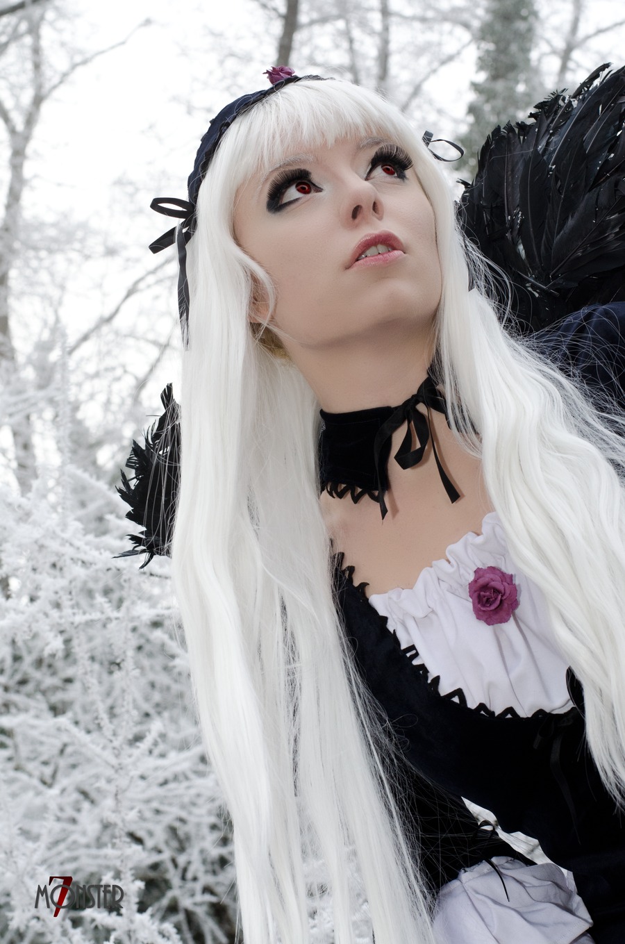1girl bare_tree blurry choker dress gothic_lolita hairband lips long_hair realistic red_eyes snow snowing solo suigintou