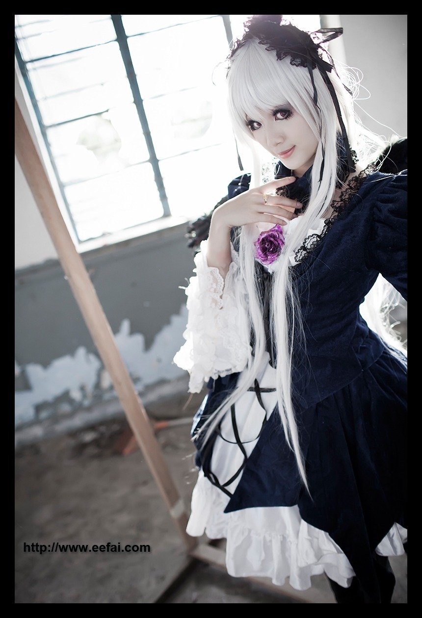 1girl black_border black_dress blurry closed_mouth dress flower frills gothic_lolita letterboxed lolita_fashion long_hair long_sleeves looking_at_viewer rose solo suigintou white_hair