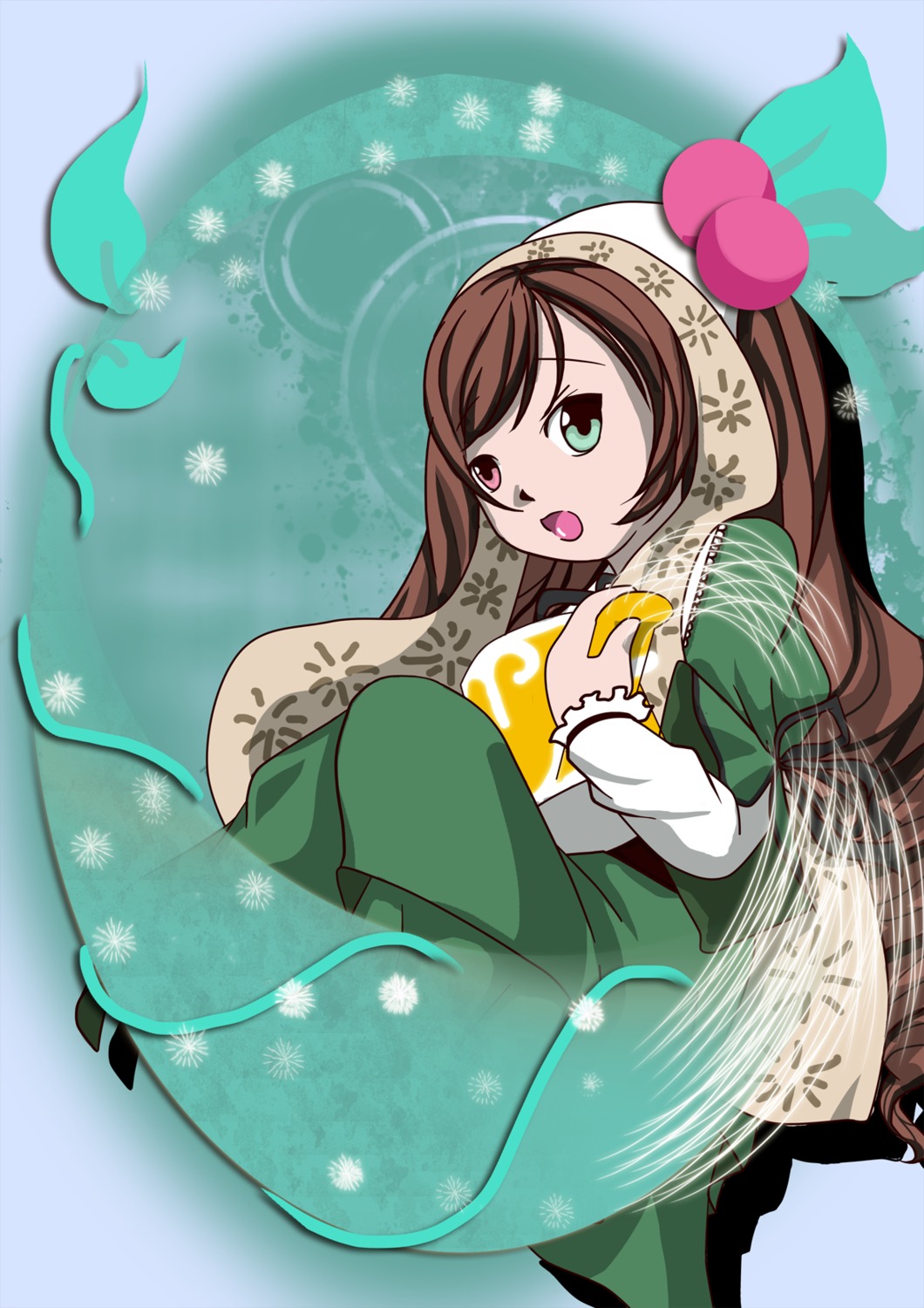 1girl brown_hair dress food fruit green_dress green_eyes head_scarf heterochromia image long_hair long_sleeves open_mouth red_eyes snowflakes solo suiseiseki