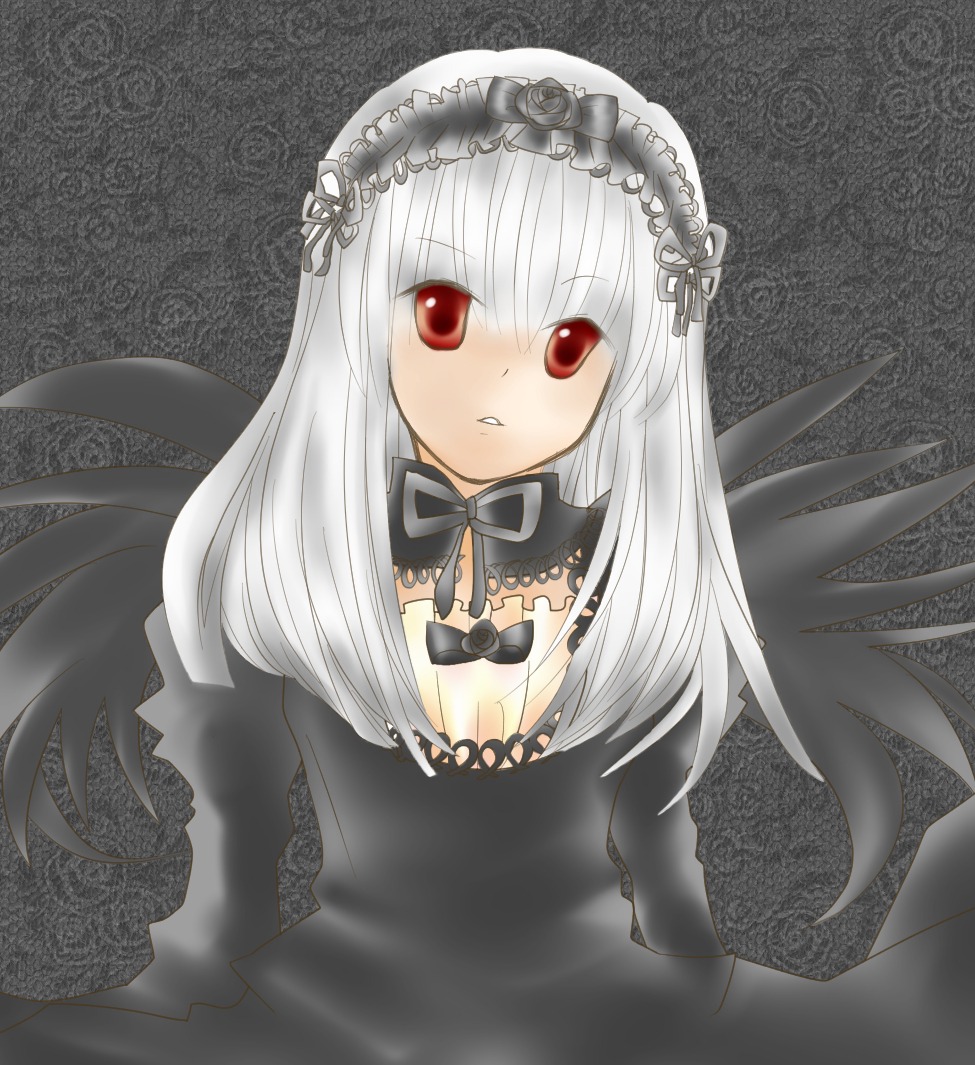 1girl bangs black_background black_dress black_ribbon black_wings detached_collar dress frills hairband image lace lolita_hairband long_hair long_sleeves looking_at_viewer parted_lips red_eyes ribbon rose solo suigintou upper_body very_long_hair wings