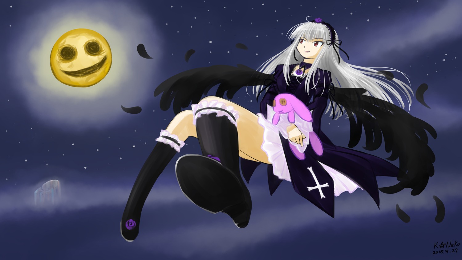 1girl black_wings boots dress feathered_wings feathers flower hairband image long_hair moon night night_sky red_eyes ribbon silver_hair sky solo space star_(sky) starry_sky suigintou very_long_hair wings