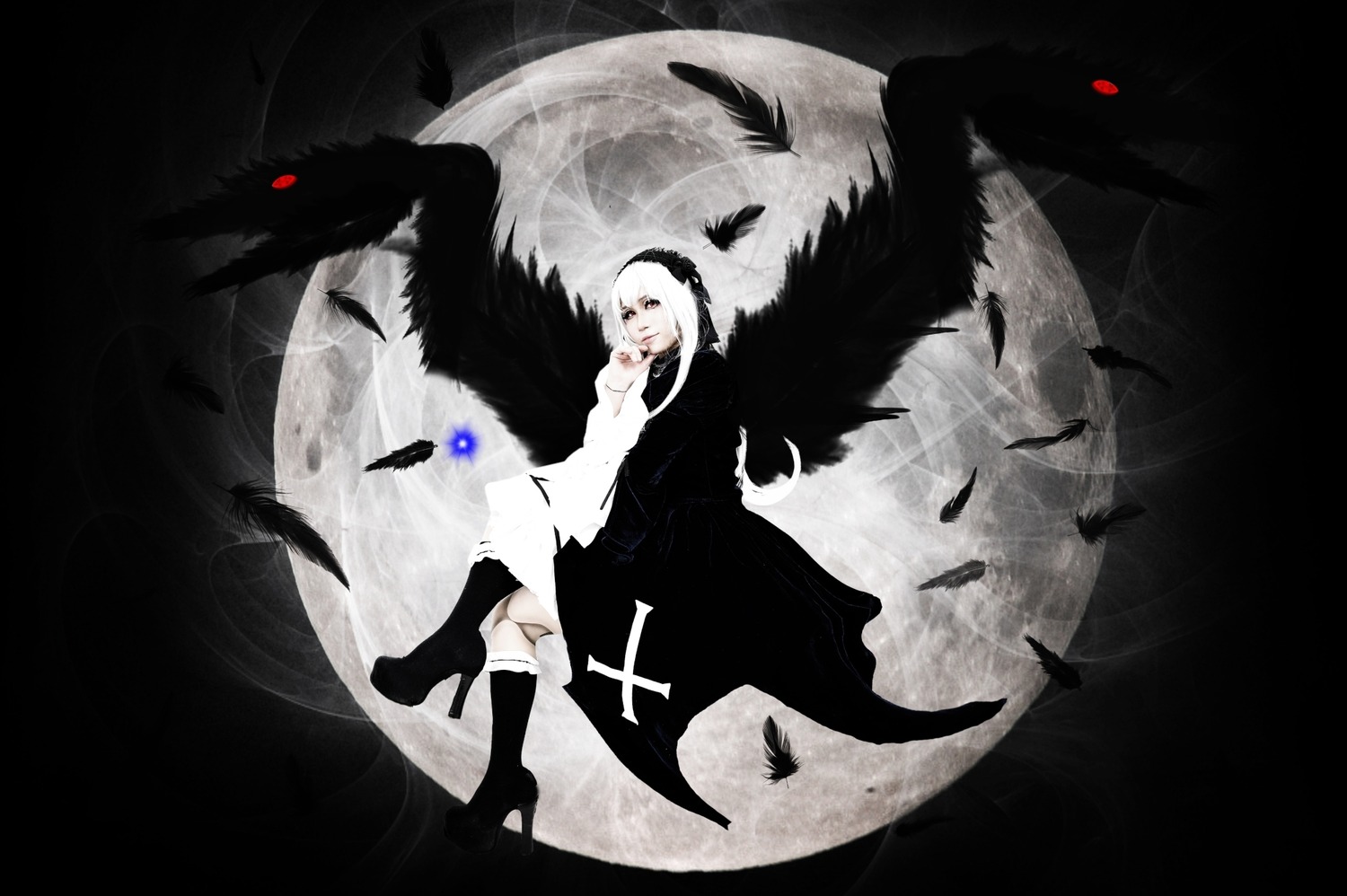 1girl bird black_feathers black_wings boots crow feathered_wings feathers full_moon moon solo suigintou wings