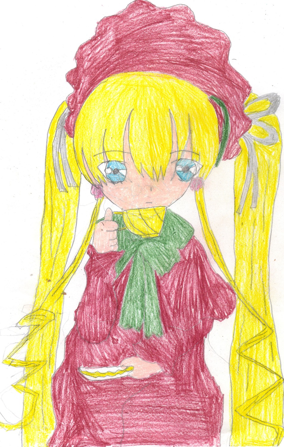 1girl bangs blonde_hair blue_eyes bow bowtie dress green_bow hat image long_hair long_sleeves looking_at_viewer red_dress shinku simple_background solo traditional_media twintails white_background