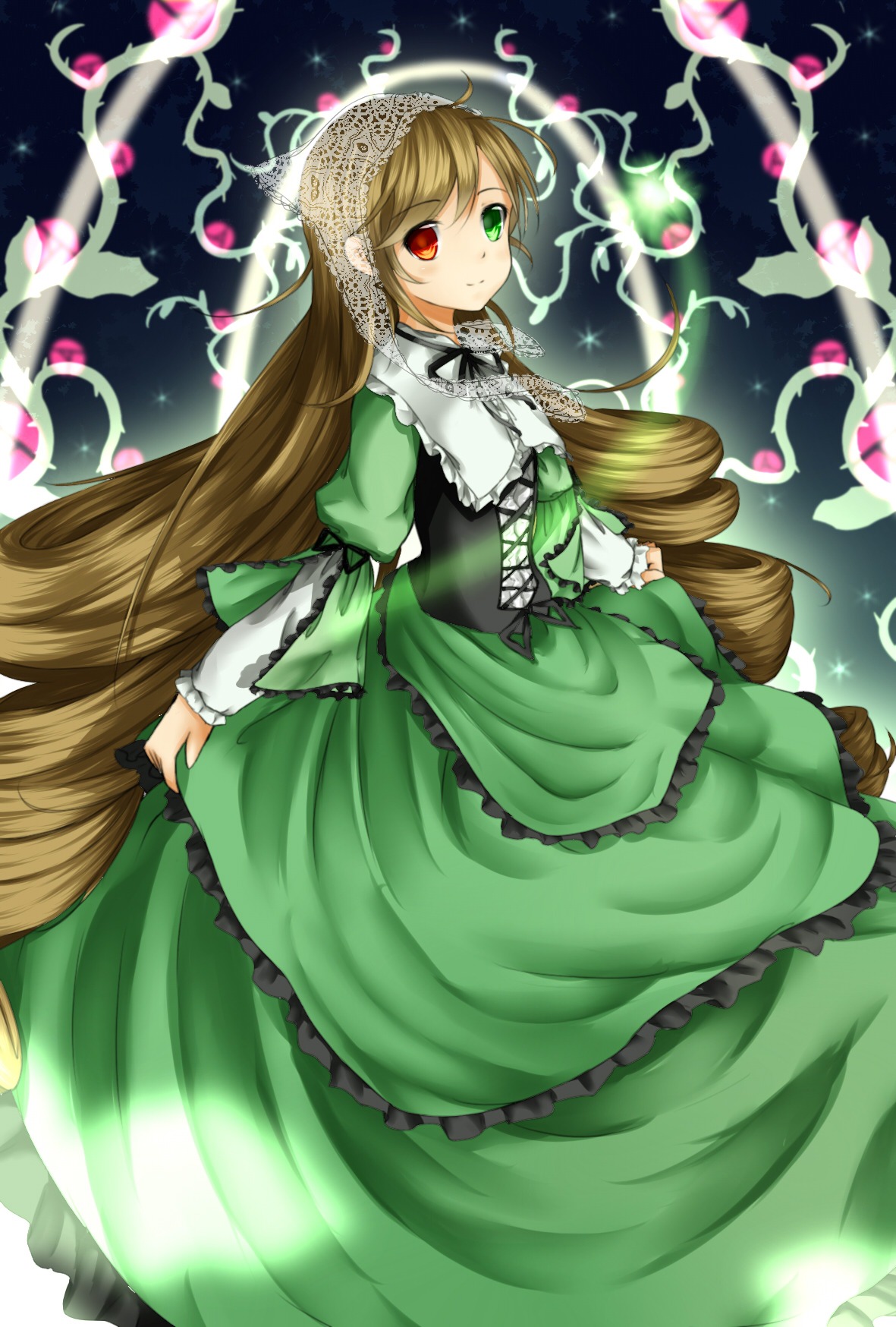 1girl brown_hair dress frills green_dress green_eyes heterochromia image long_hair long_sleeves looking_at_viewer petals red_eyes skirt_hold smile solo standing suiseiseki twintails very_long_hair watering_can