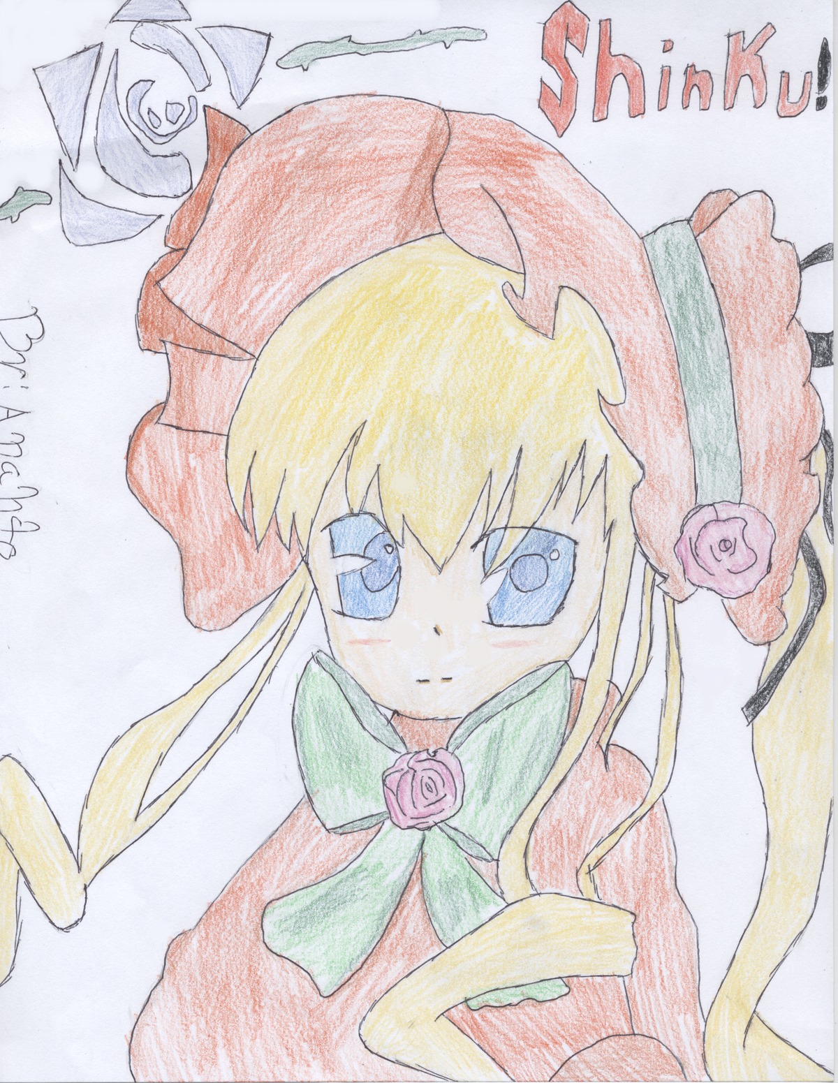 1girl bangs blonde_hair blue_eyes bonnet bow dress flower image long_hair looking_at_viewer pink_flower pink_rose red_rose rose shinku smile solo traditional_media upper_body