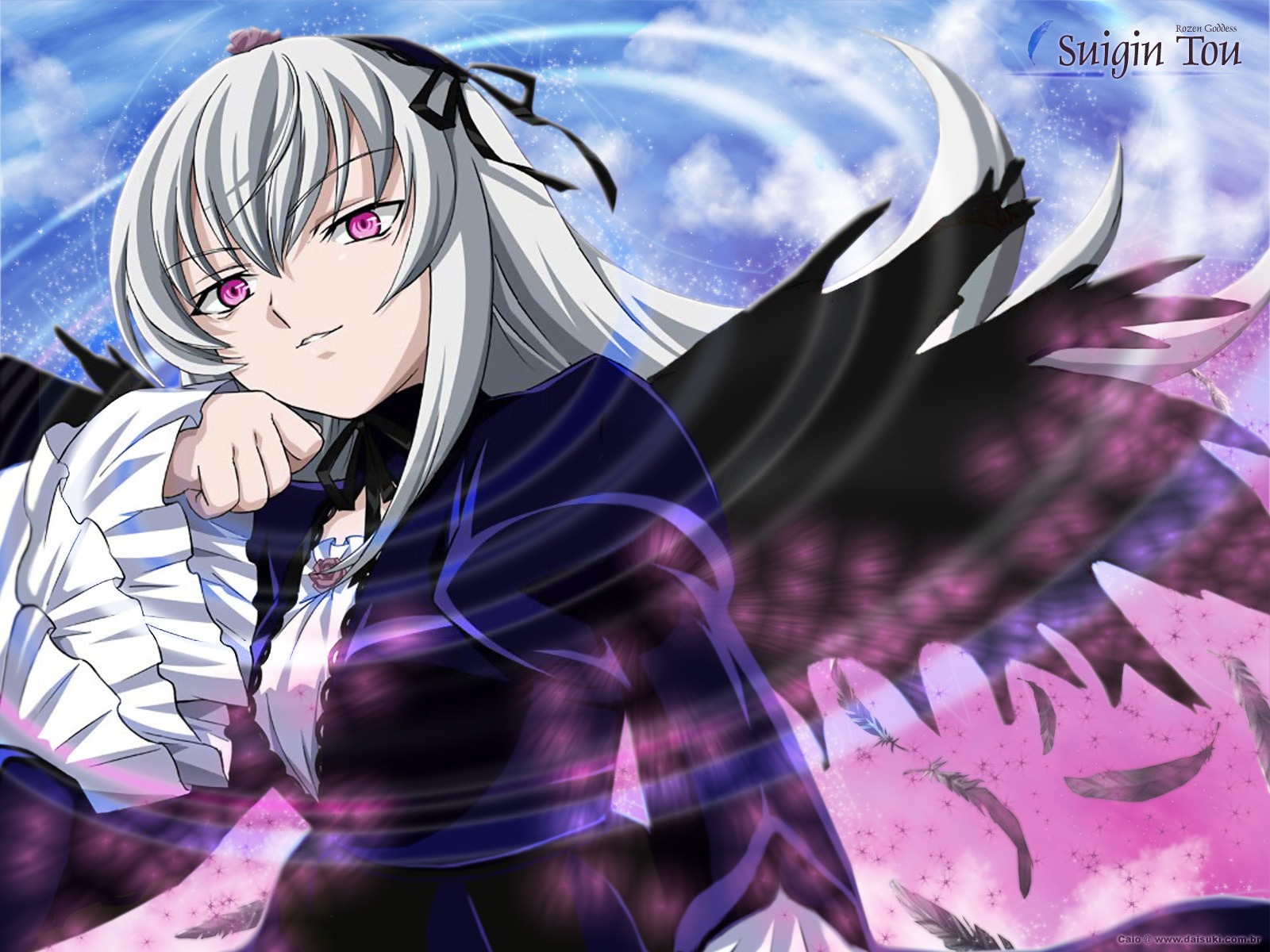 1girl auto_tagged black_ribbon black_wings breasts cloud dress feathers frilled_sleeves frills image long_hair long_sleeves looking_at_viewer pink_eyes ribbon silver_hair sky solo suigintou wings