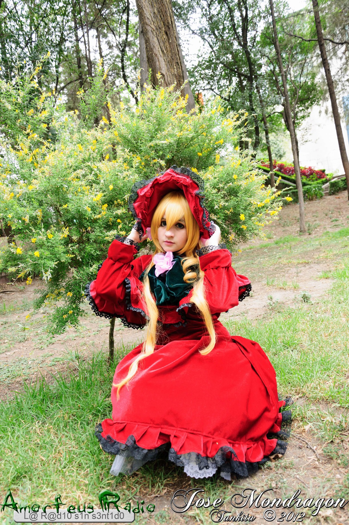 1girl basket blonde_hair bonnet capelet copyright_name dress flower frills hood little_red_riding_hood_(grimm) red_capelet red_dress shinku solo tree