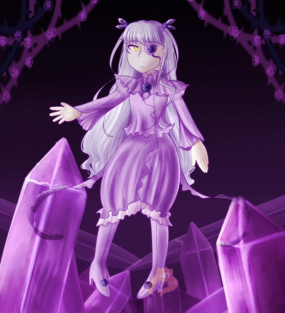 1girl barasuishou capelet checkered checkered_floor crystal dress eyepatch flower image long_hair pantyhose purple_dress purple_flower purple_rose purple_theme ribbon rose solo standing striped vertical-striped_legwear vertical_stripes very_long_hair yellow_eyes