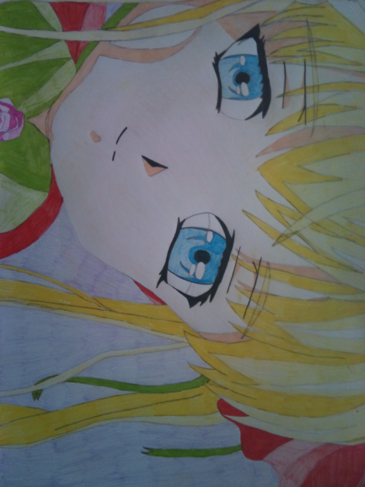 1girl bangs blonde_hair blue_eyes close-up face flower image long_hair rose shinku solo