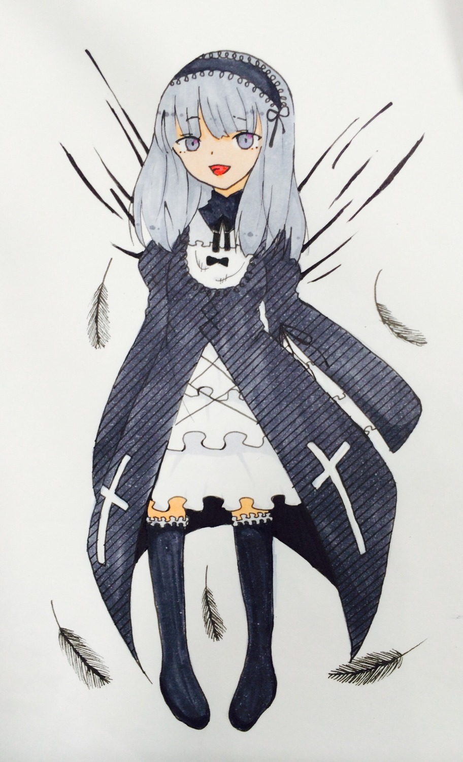 1girl :d bangs blunt_bangs dress feathers full_body hairband image long_hair long_sleeves looking_at_viewer open_mouth pantyhose purple_eyes silver_hair smile solo standing suigintou wings