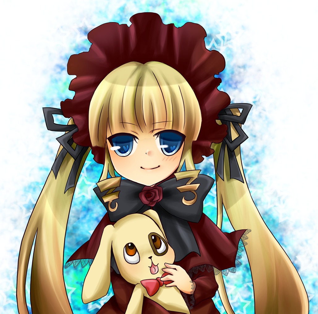 1girl auto_tagged bangs blonde_hair blue_eyes bonnet bow dress flower image long_hair long_sleeves looking_at_viewer rose shinku smile solo tongue tongue_out twintails very_long_hair