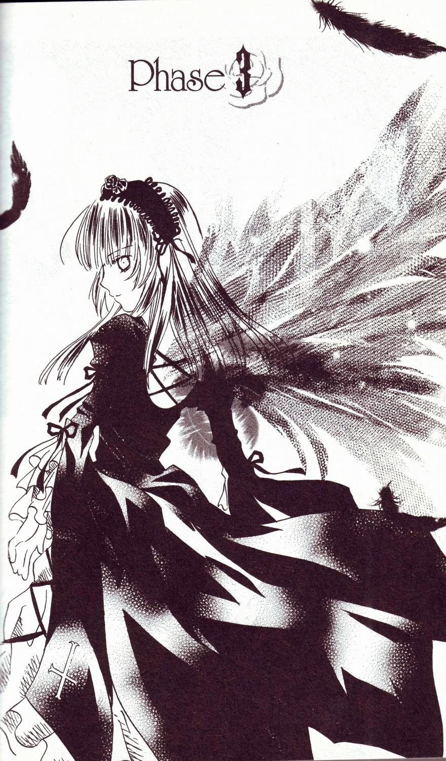 1girl bangs dress feathers flower frills greyscale image long_hair long_sleeves looking_at_viewer looking_back monochrome solo suigintou wings