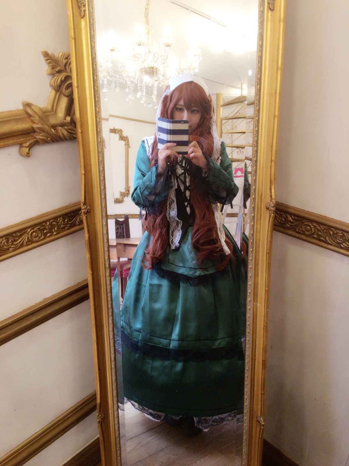 1girl door indoors mirror open_door reflection scarf skirt solo standing suiseiseki window