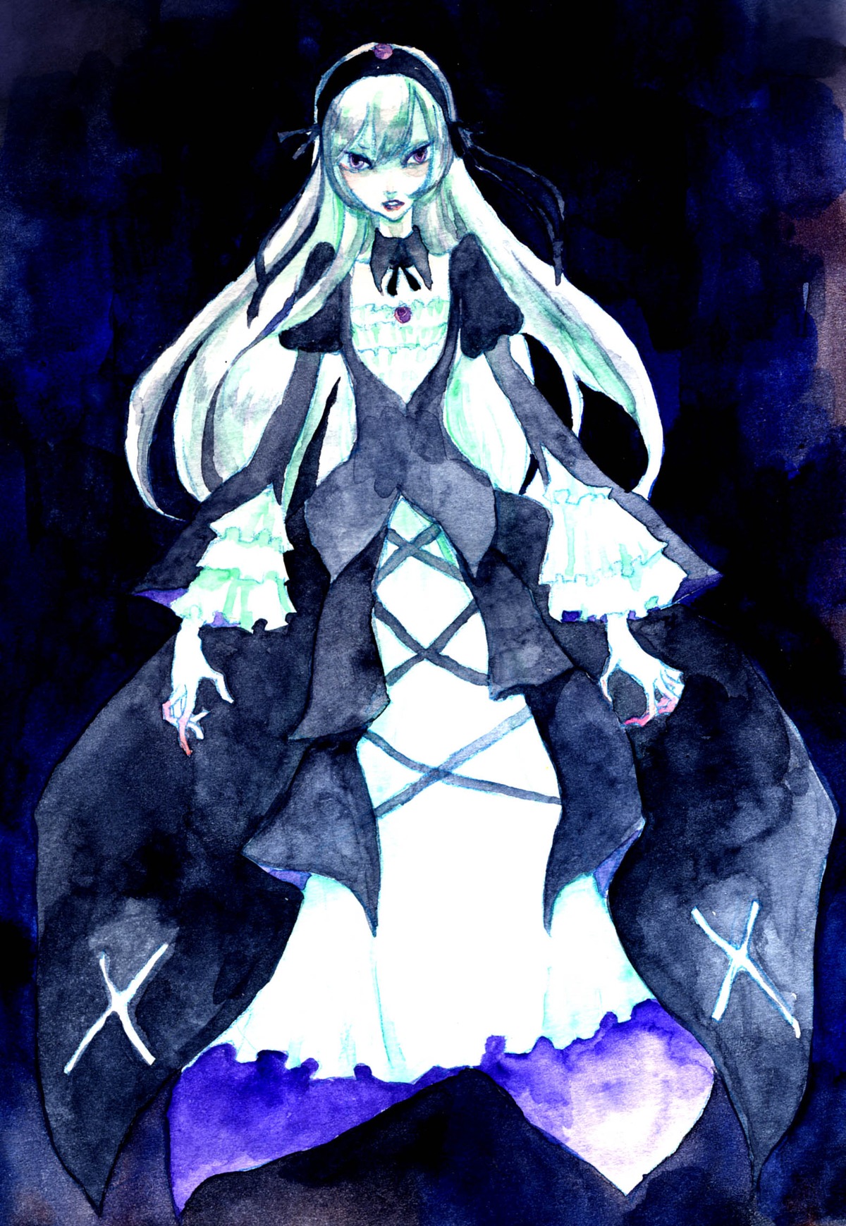 1girl dress image long_hair long_sleeves nail_polish open_mouth solo standing suigintou traditional_media very_long_hair