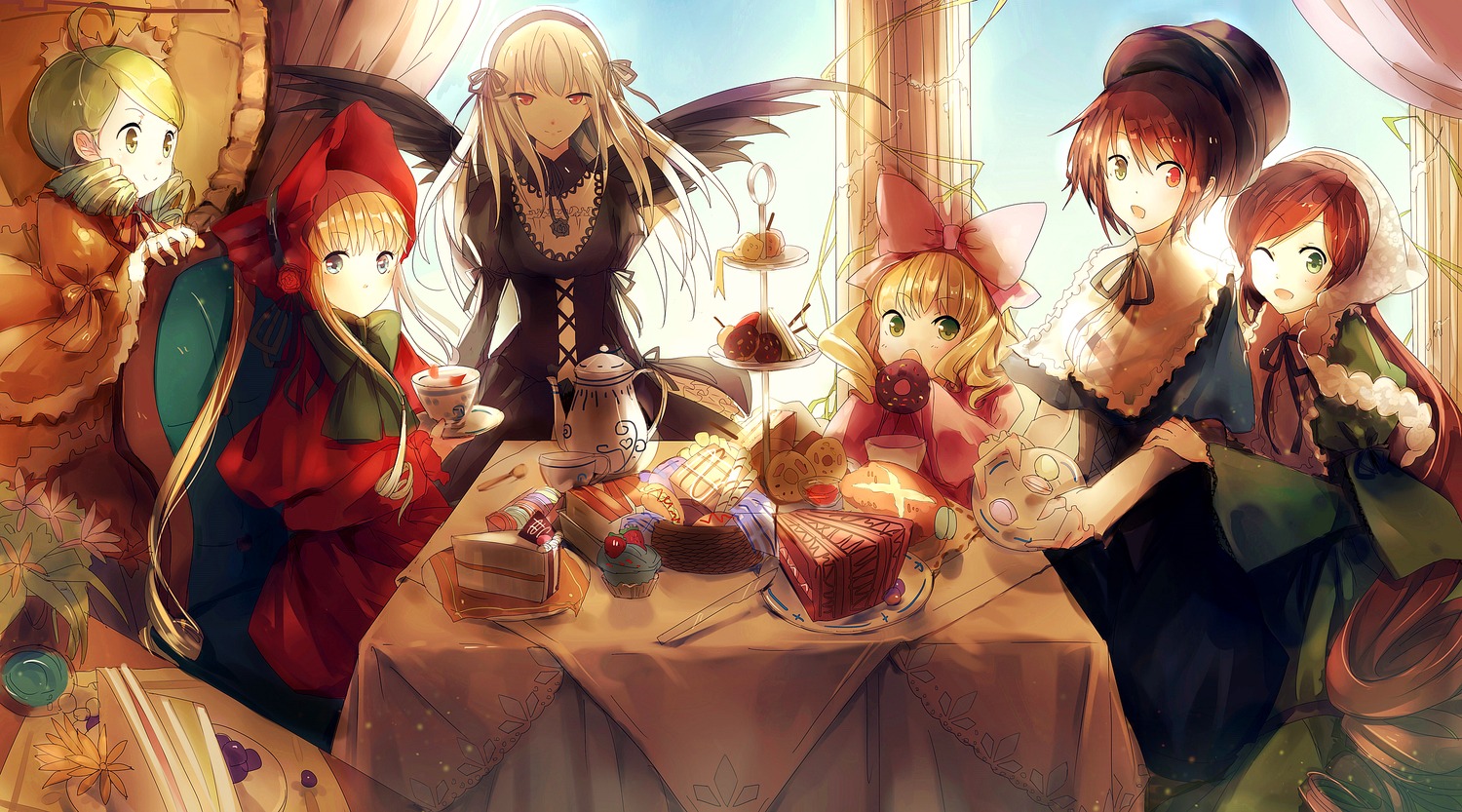 6+girls benghuai_7 blonde_hair blue_eyes bonnet bow bread brown_hair cake chair commentary_request cup cupcake curtains doughnut dress drill_hair flower food gothic_lolita green_eyes green_hair hairband hat heterochromia highres hina_ichigo image kanaria knife lolita_fashion long_hair multiple multiple_girls one_eye_closed open_mouth parasol pink_bow rozen_maiden sandwich shinku short_hair siblings silver_hair sitting sky smile souseiseki standing suigintou suiseiseki table tagme teacup teapot tiered_tray twins twintails umbrella window wings yellow_eyes